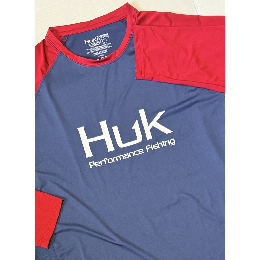 HUK Performance - Men's Fishing Shirt -‎ Blue Red Long Sleeve Stretch - Large
